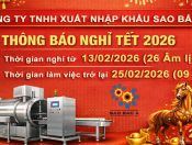 THÔNG BÁO LỊCH NGHỈ TẾT NGUYÊN ĐÁN BÍNH NGỌ 2026